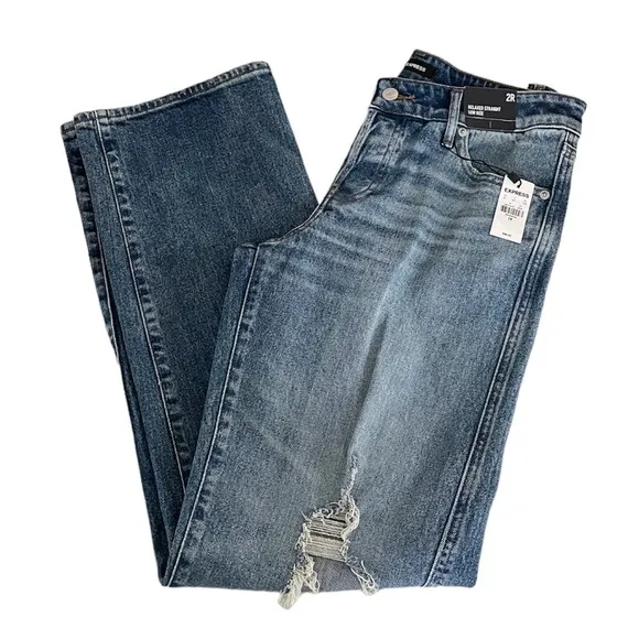 Express Relaxed Straight Leg Low Rise Distress Ripped Blue Jeans Women’s size 2R