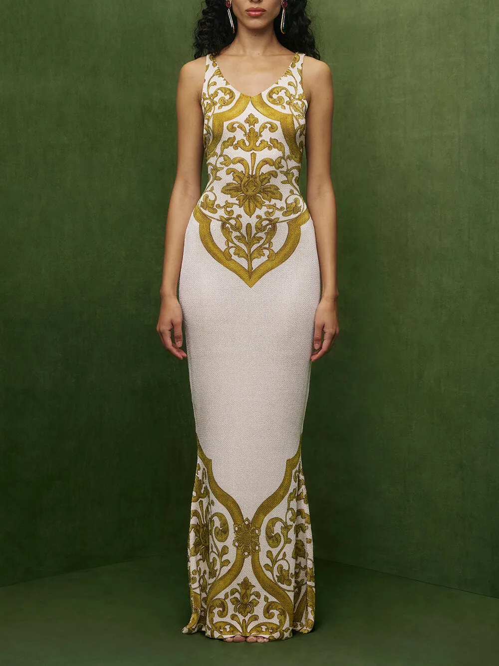 Extraordinary Elegance Symmetrical Unique Graceful Print Stretch Fishtail Maxi Dress