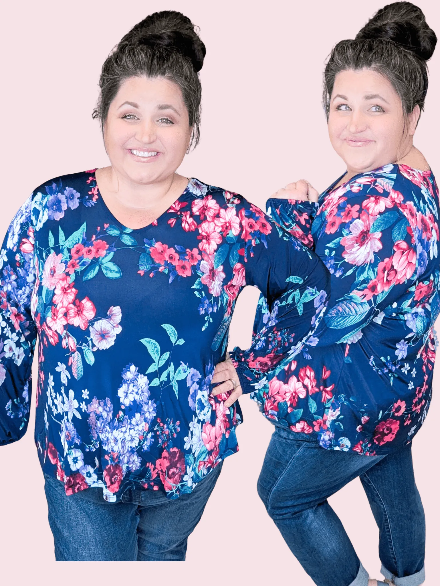 Fern Floral Long Sleeve Slinky Vneck in Navy Mix