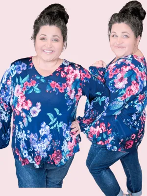 Fern Floral Long Sleeve Slinky Vneck in Navy Mix