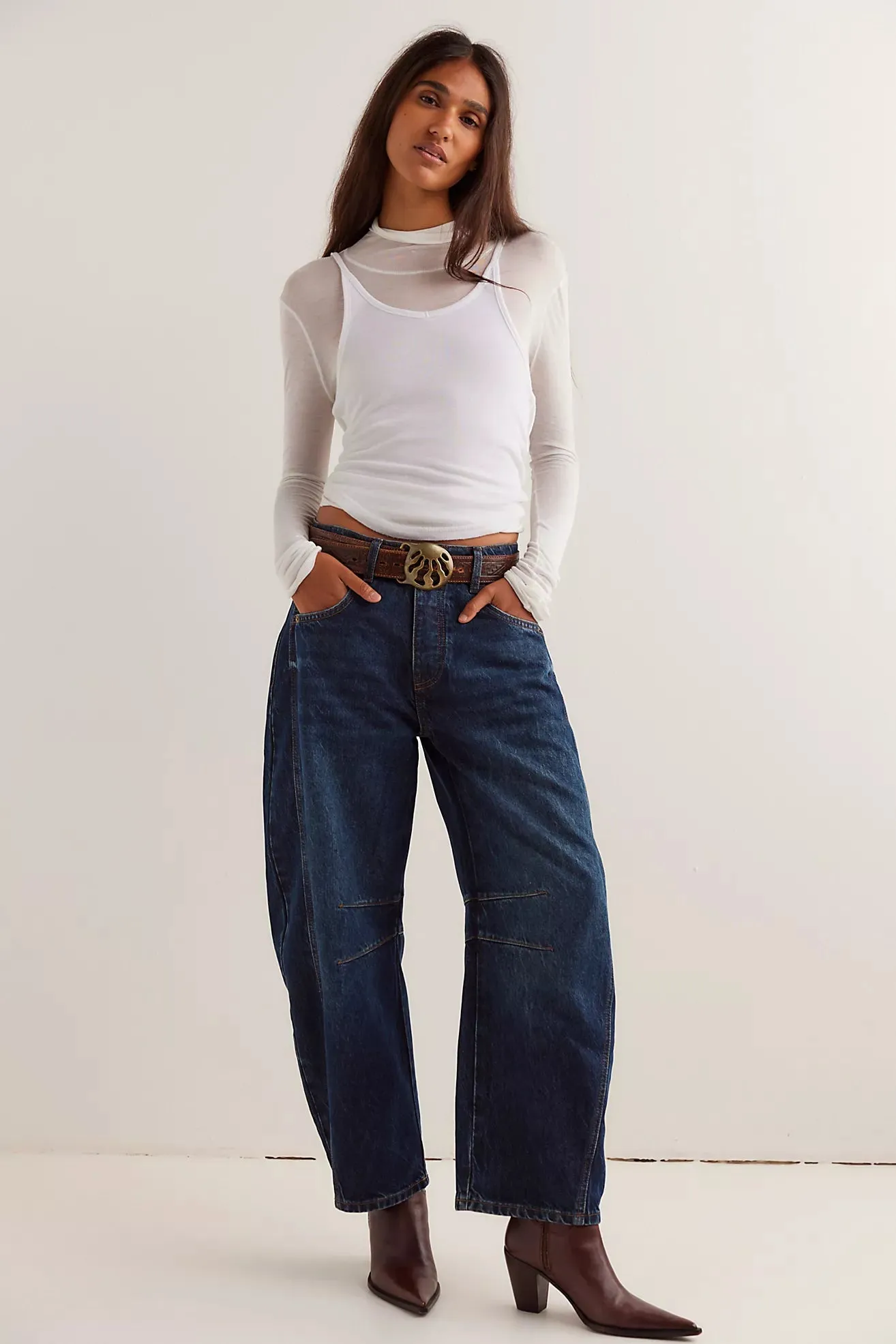 free people: good luck mid rise barrel denim-deep end