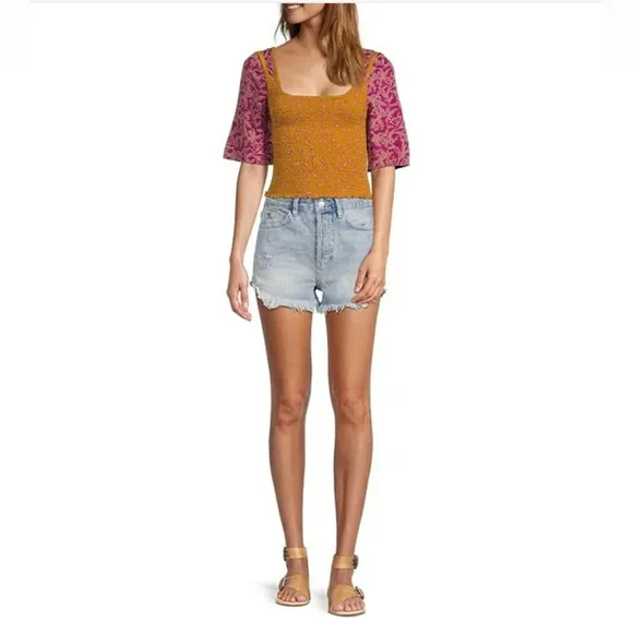 Free People Lasso High Rise Distressed Frayed Hem Denim Shorts
