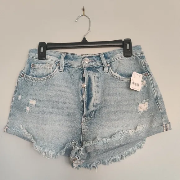 Free People Lasso High Rise Distressed Frayed Hem Denim Shorts