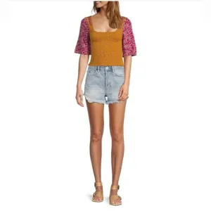 Free People Lasso High Rise Distressed Frayed Hem Denim Shorts