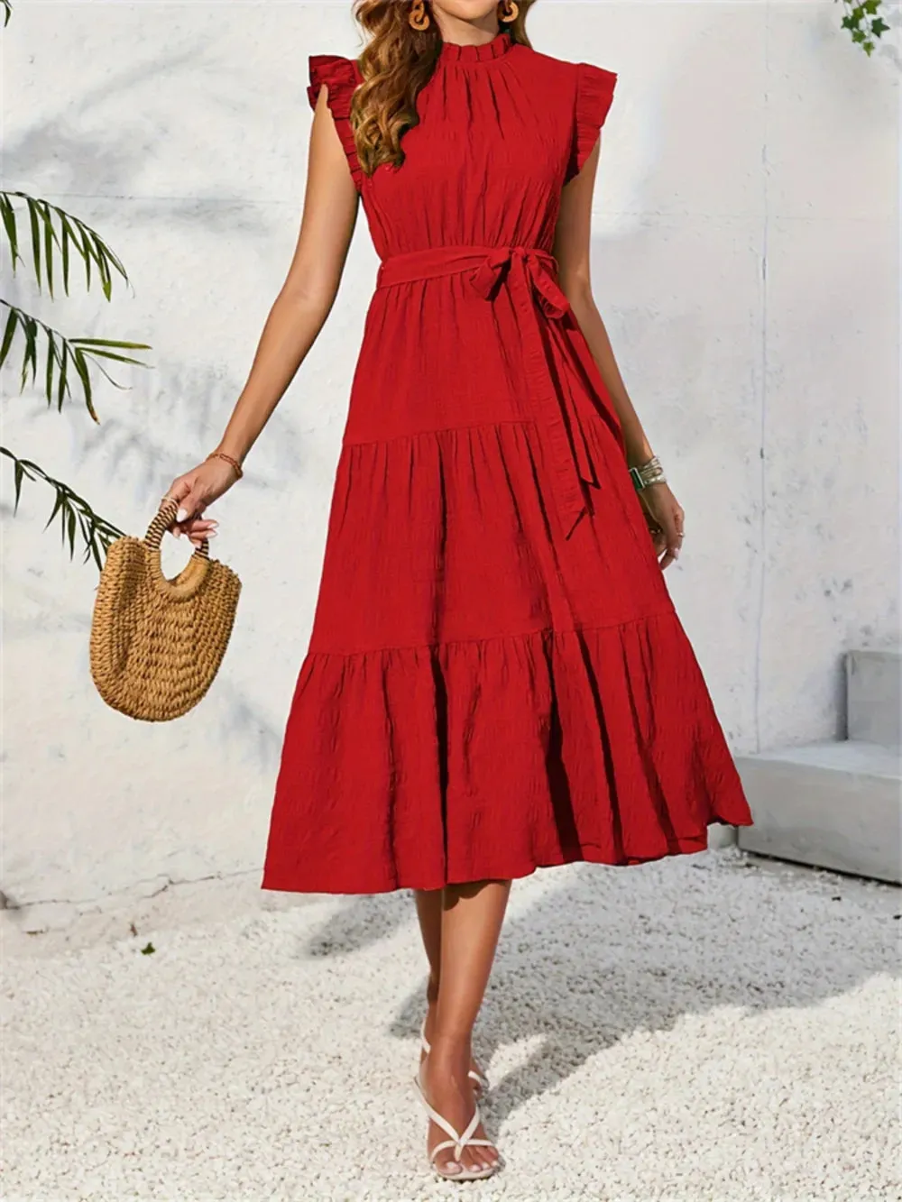 Frill Mock Neck Ruffled Cap Sleeve Midi Dress