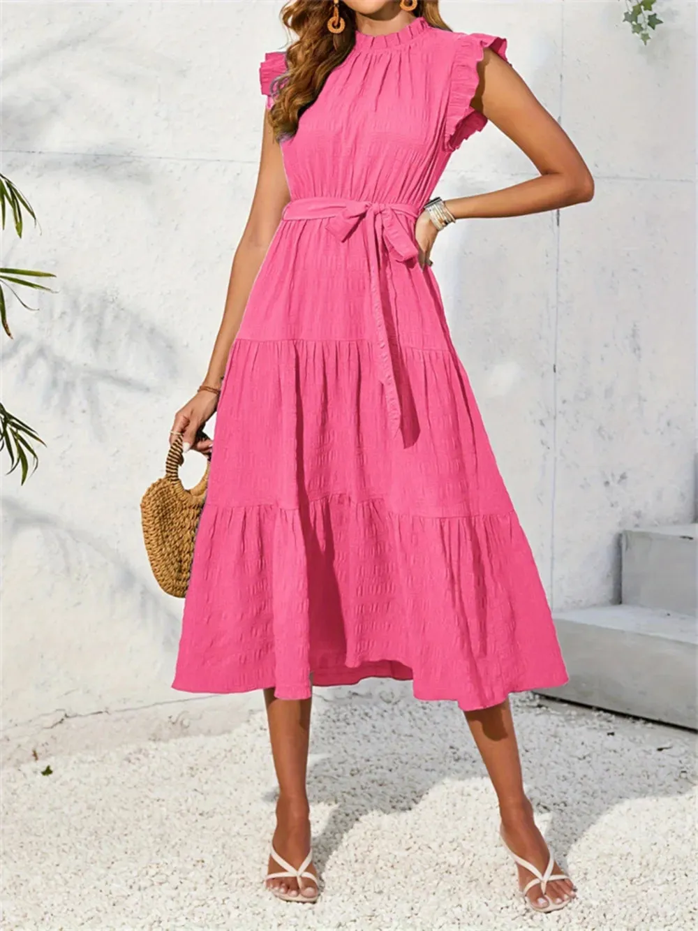 Frill Mock Neck Ruffled Cap Sleeve Midi Dress