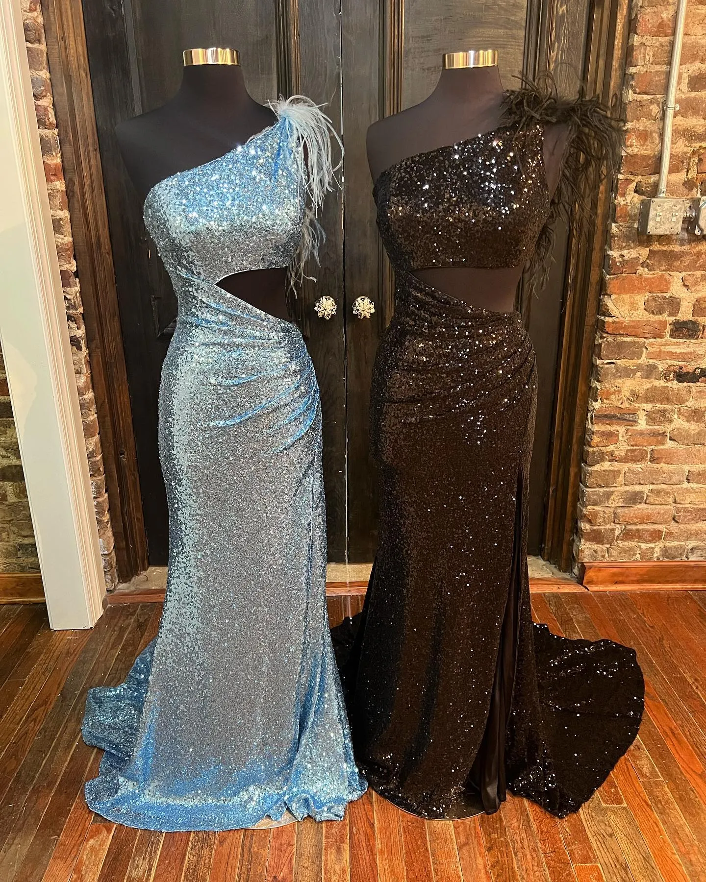 Fur One Shoulder Royal Blue Sequin Mermaid Formal Dress