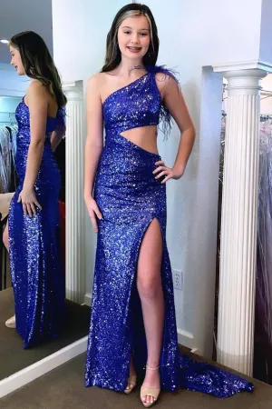 Fur One Shoulder Royal Blue Sequin Mermaid Formal Dress