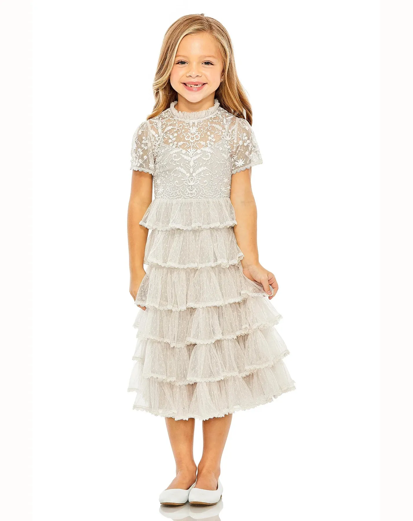 GIRLS HIGH NECK EMBROIDERED SHORT SLEEVE MINI DRESS