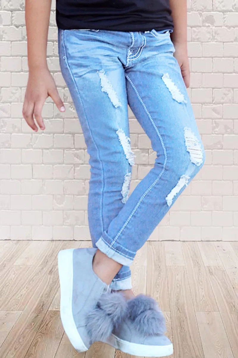 Girls Wash Jeans Distressed w/ Wide Cuff  & Adjustable waist band
