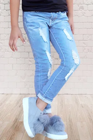 Girls Wash Jeans Distressed w/ Wide Cuff  & Adjustable waist band