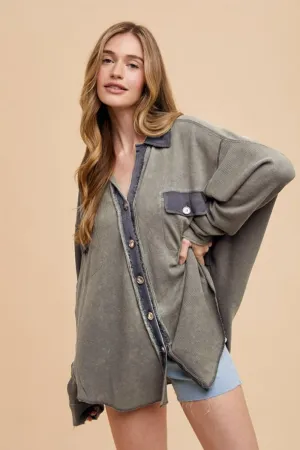 Gray Waffle-Knit Mineral Washed Button Down Shirt