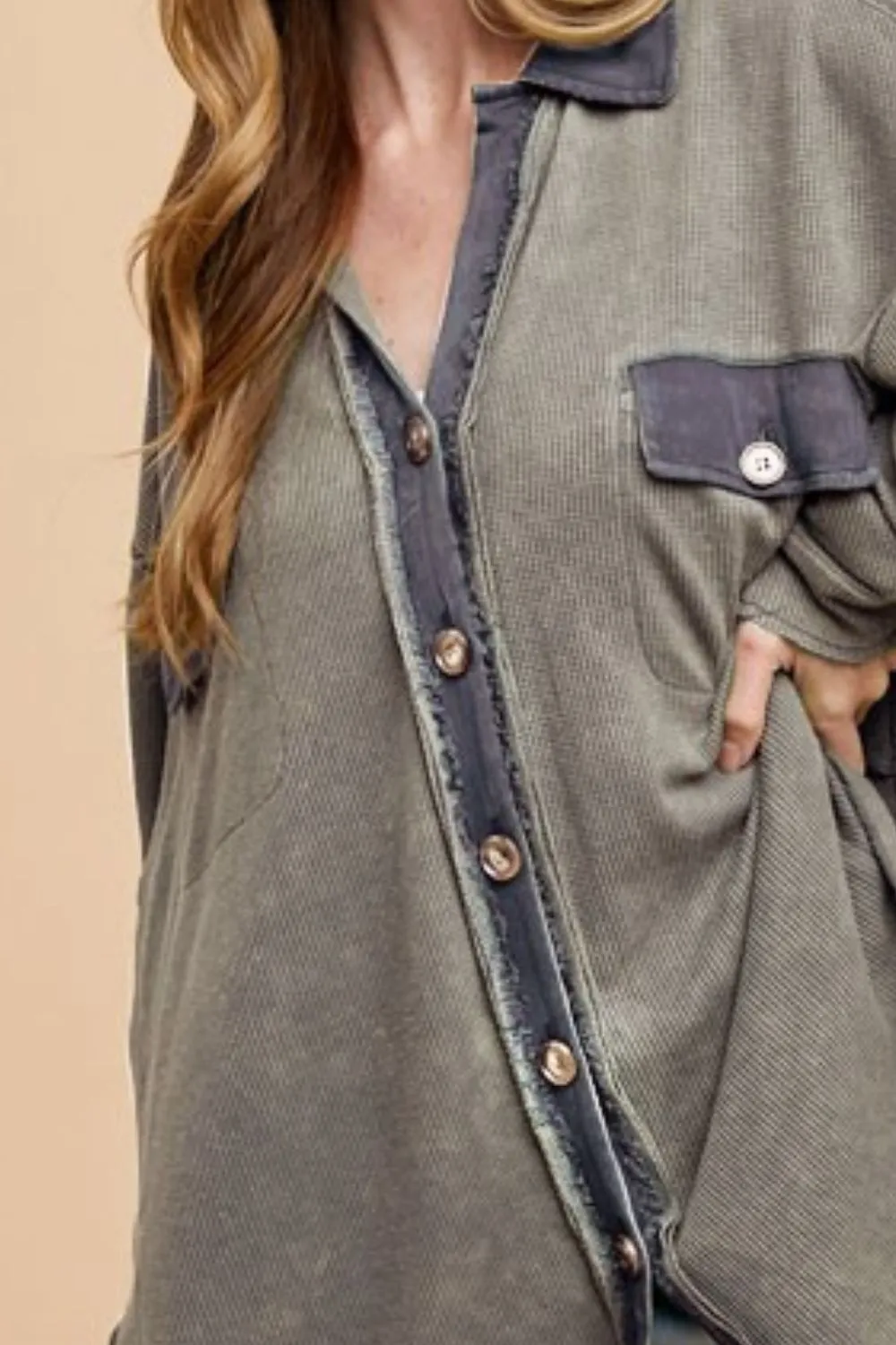 Gray Waffle-Knit Mineral Washed Button Down Shirt