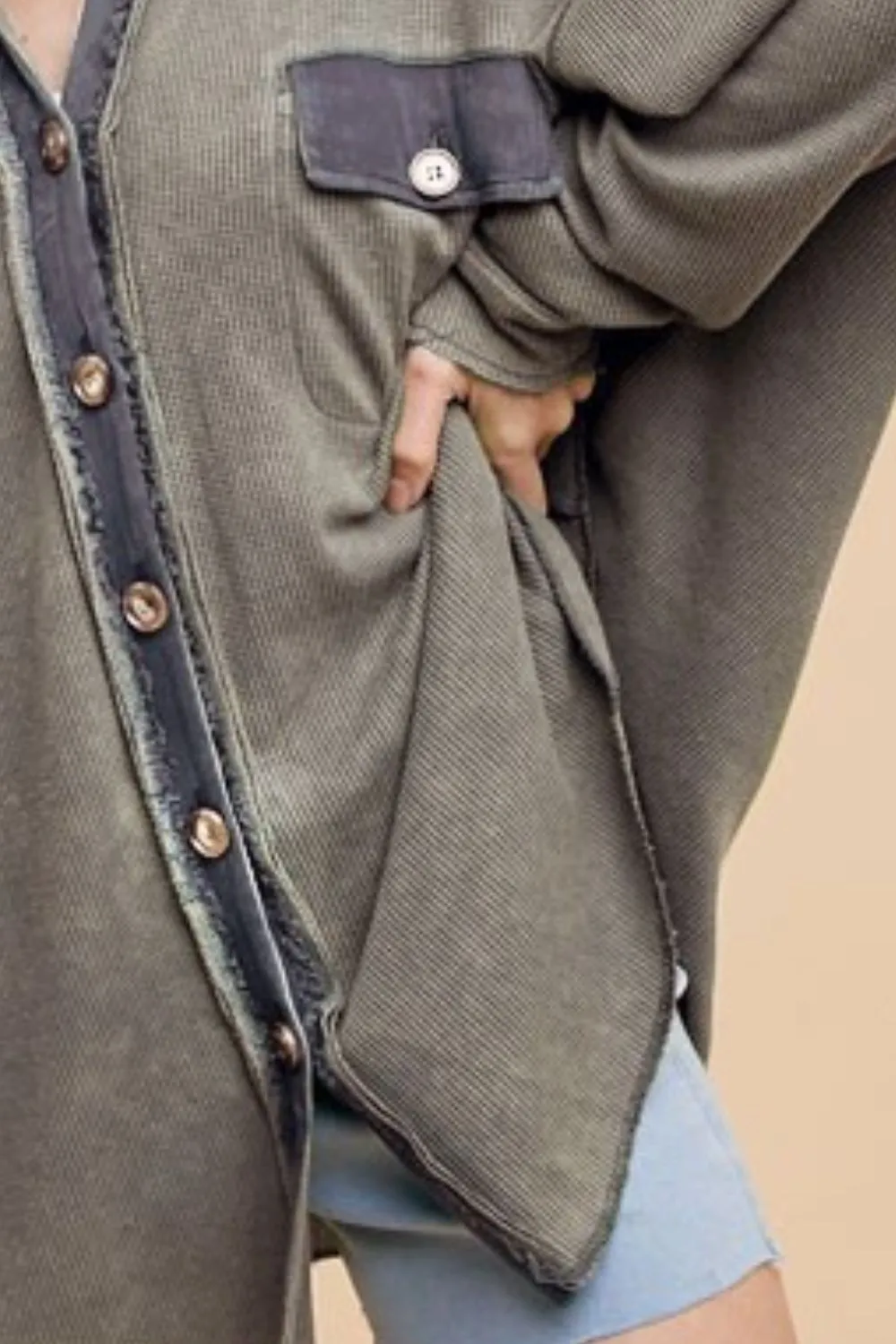 Gray Waffle-Knit Mineral Washed Button Down Shirt