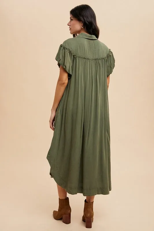 Green Mineral Washed Button Down Puff Sleeve Shirt Dress
