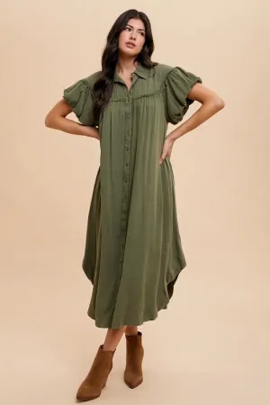 Green Mineral Washed Button Down Puff Sleeve Shirt Dress