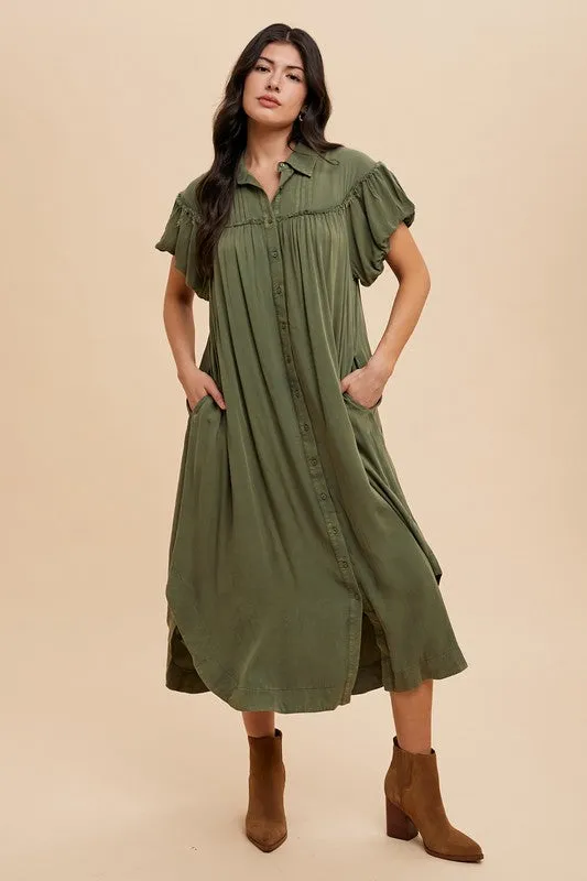Green Mineral Washed Button Down Puff Sleeve Shirt Dress
