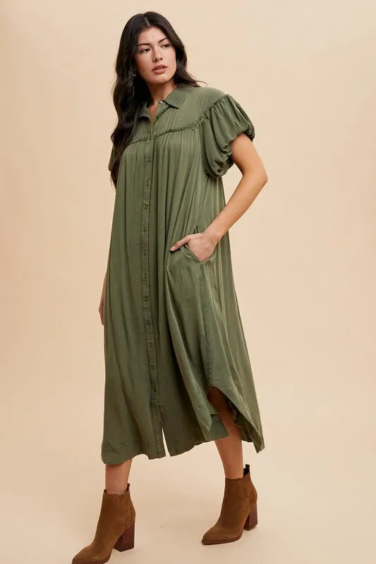 Green Mineral Washed Button Down Puff Sleeve Shirt Dress