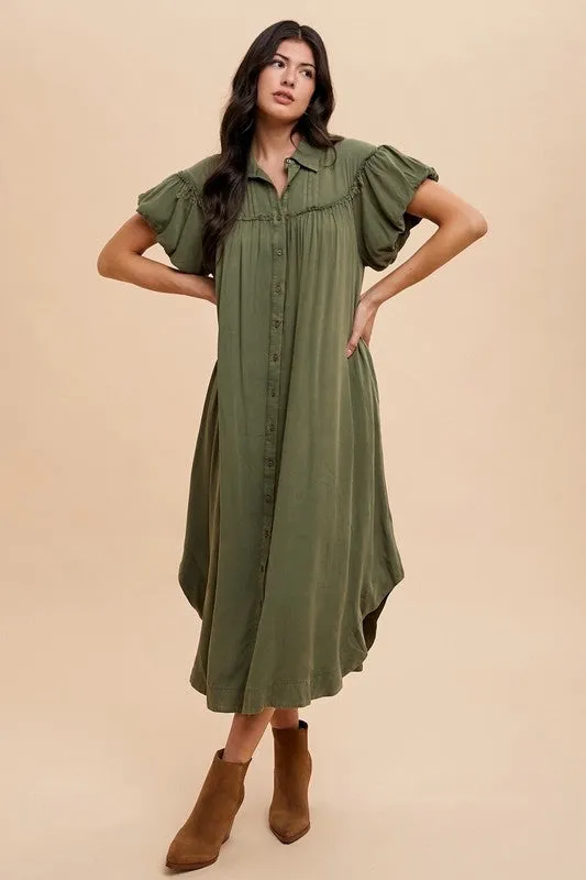 Green Mineral Washed Button Down Puff Sleeve Shirt Dress