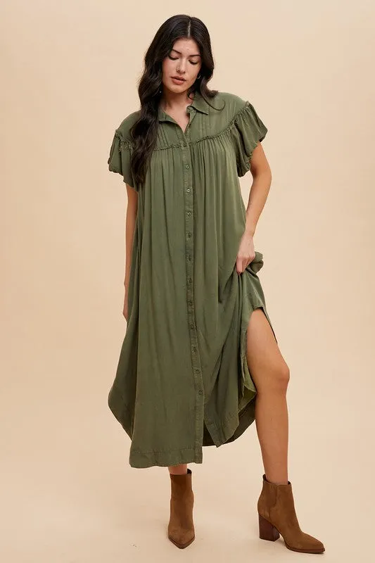 Green Mineral Washed Button Down Puff Sleeve Shirt Dress