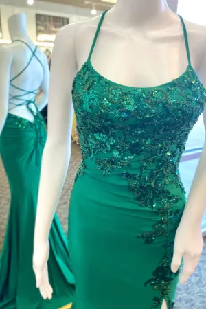 Green Sequin Appliques Mermaid Long Prom Dress