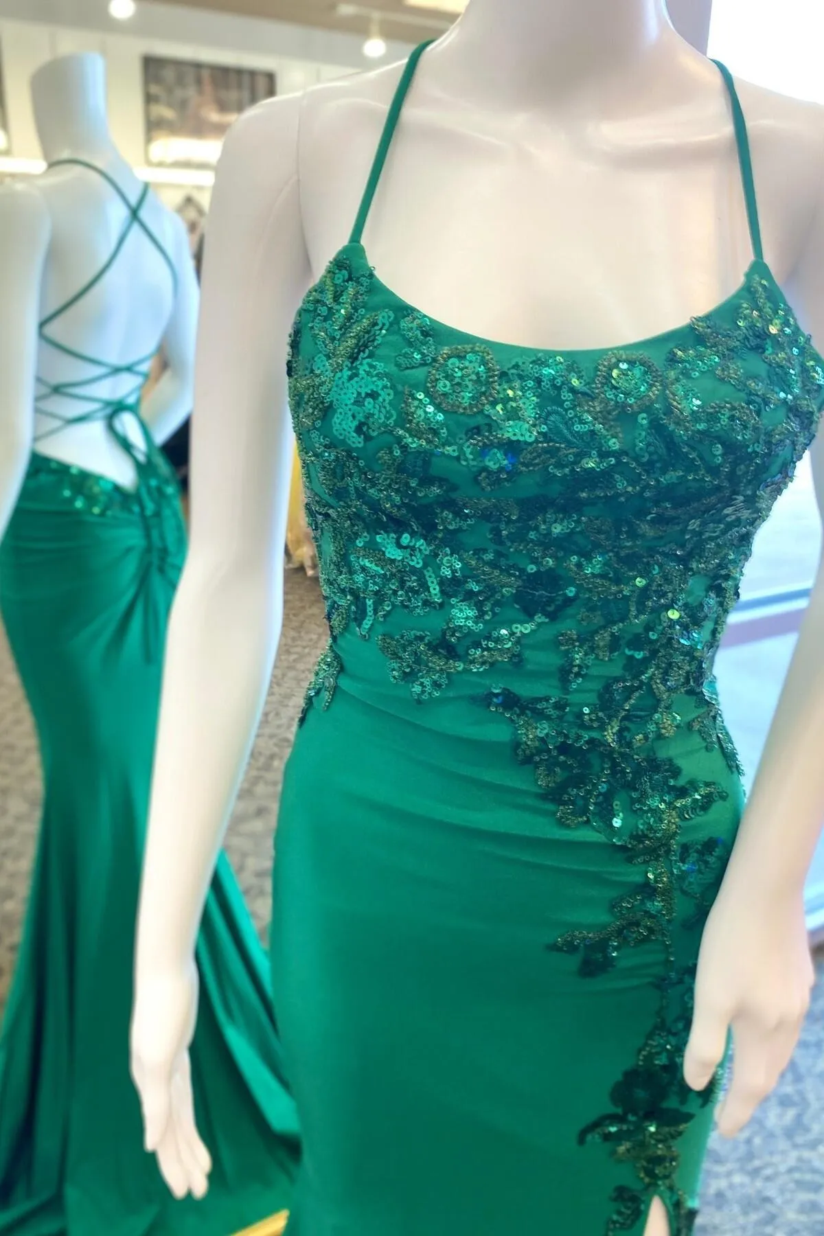 Green Sequin Appliques Mermaid Long Prom Dress