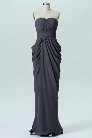 Grey Strapless Draped Long Bridesmaid Dress