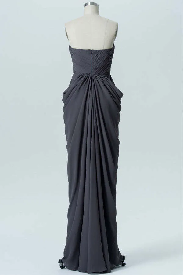 Grey Strapless Draped Long Bridesmaid Dress