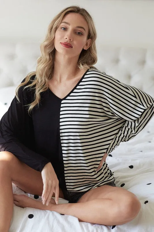 Hazel Blues® |  BiBi Two-Tone Striped V-Neck Long Sleeve T-Shirt