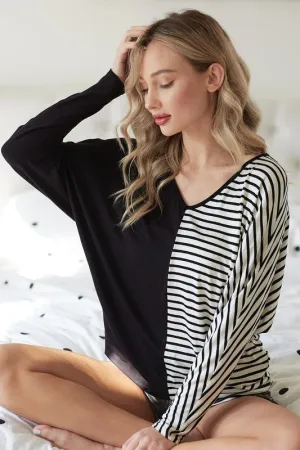 Hazel Blues® |  BiBi Two-Tone Striped V-Neck Long Sleeve T-Shirt