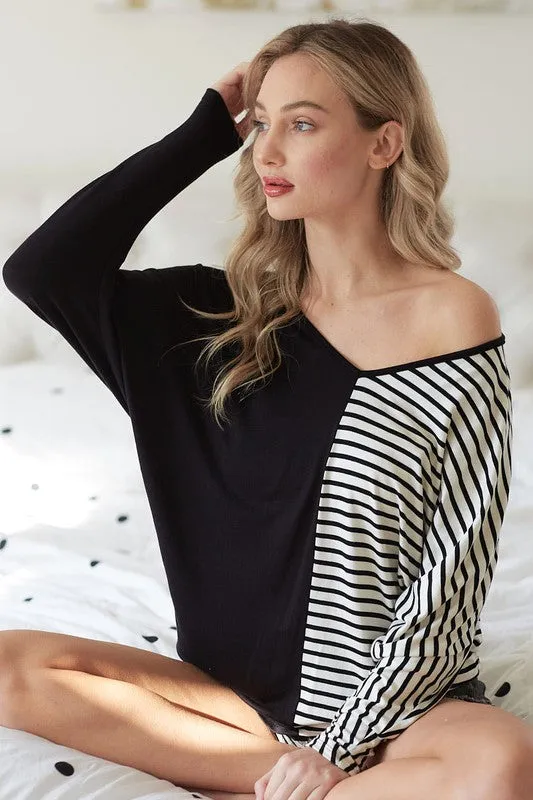 Hazel Blues® |  BiBi Two-Tone Striped V-Neck Long Sleeve T-Shirt