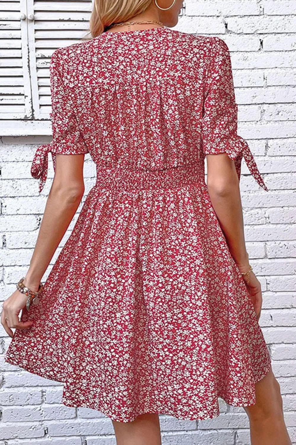 Hazel Blues® | Ditsy Floral Tied Puff Sleeve Button Front Dress