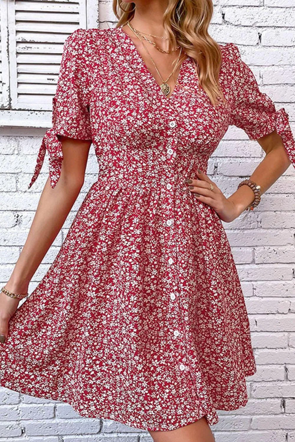 Hazel Blues® | Ditsy Floral Tied Puff Sleeve Button Front Dress