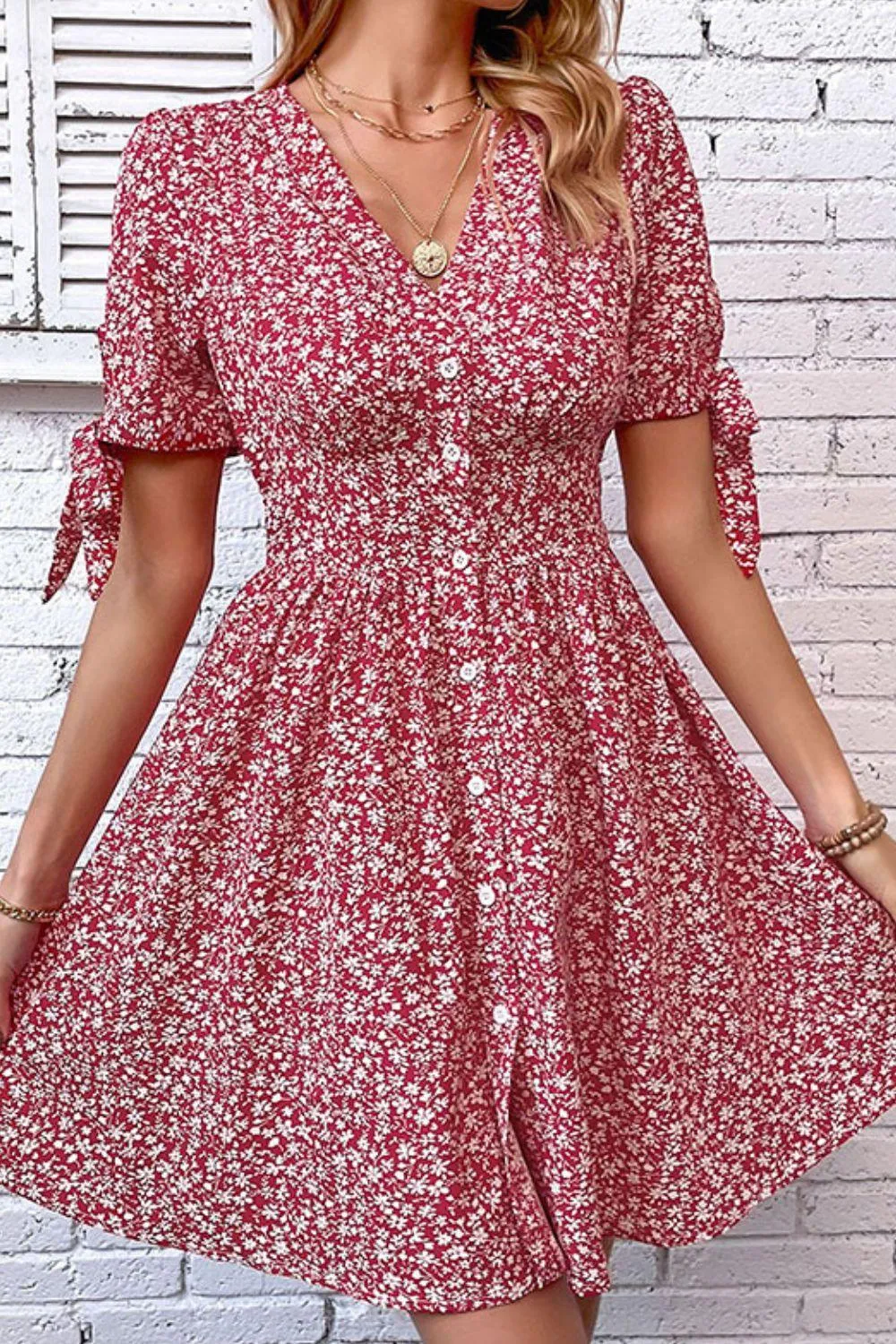 Hazel Blues® | Ditsy Floral Tied Puff Sleeve Button Front Dress