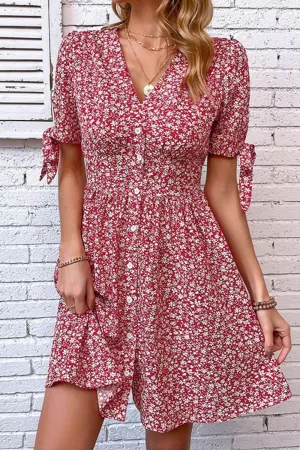 Hazel Blues® | Ditsy Floral Tied Puff Sleeve Button Front Dress