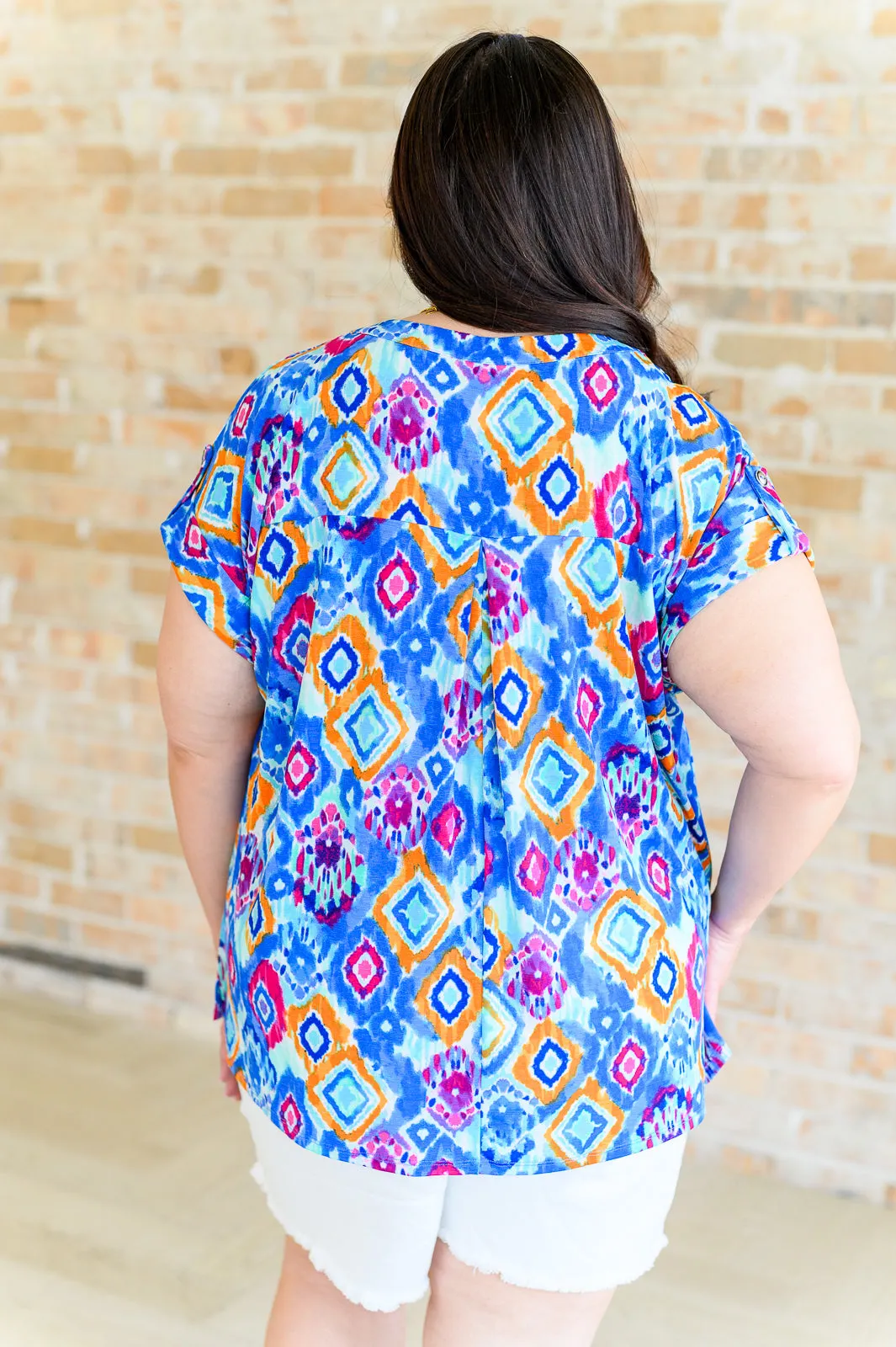 Hazel Blues® |  Lizzy Cap Sleeve Top in Blue and Magenta Ikat