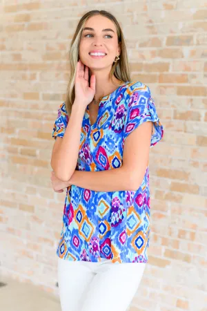 Hazel Blues® |  Lizzy Cap Sleeve Top in Blue and Magenta Ikat