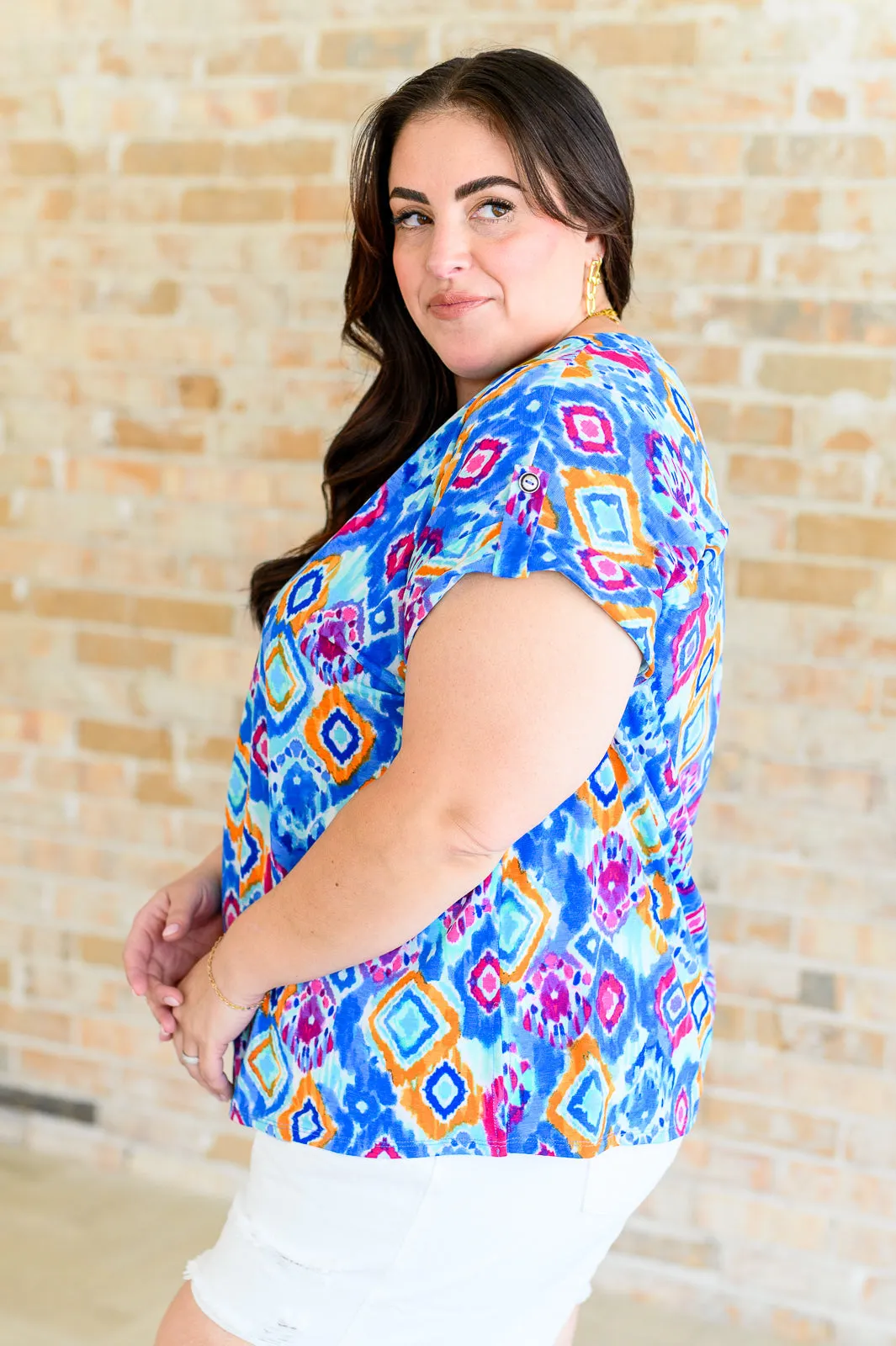 Hazel Blues® |  Lizzy Cap Sleeve Top in Blue and Magenta Ikat