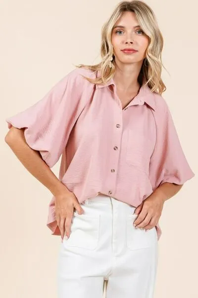 Hazel Blues® |  Mittoshop Airflow Short Bubble Sleeve Button Down Shirt
