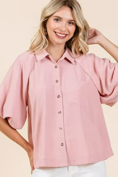 Hazel Blues® |  Mittoshop Airflow Short Bubble Sleeve Button Down Shirt