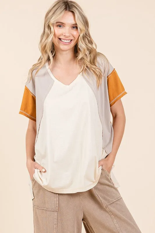 Hazel Blues® |  Mittoshop Color Block V-Neck Short Sleeve T-Shirt