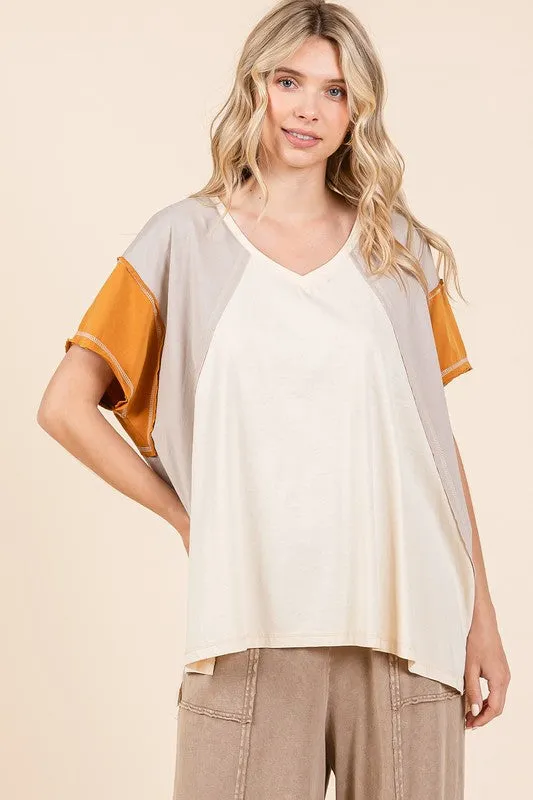 Hazel Blues® |  Mittoshop Color Block V-Neck Short Sleeve T-Shirt