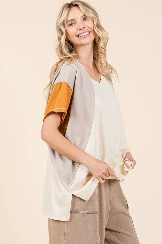 Hazel Blues® |  Mittoshop Color Block V-Neck Short Sleeve T-Shirt
