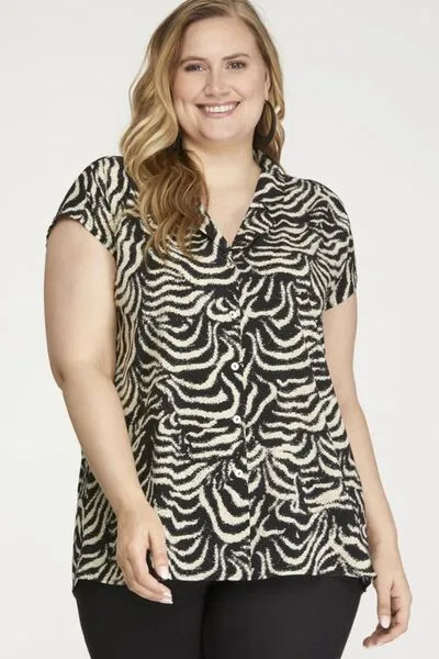 Hazel Blues® | She   Sky Printed Button Down Cap Sleeve Shirt