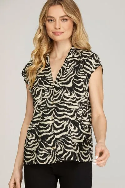 Hazel Blues® | She   Sky Printed Button Down Cap Sleeve Shirt