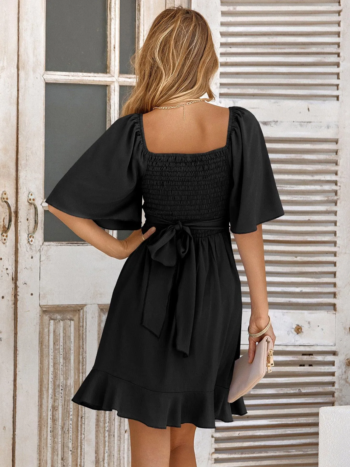 Hazel Blues® |  Smocked Tie Back Ruffle Hem Dress