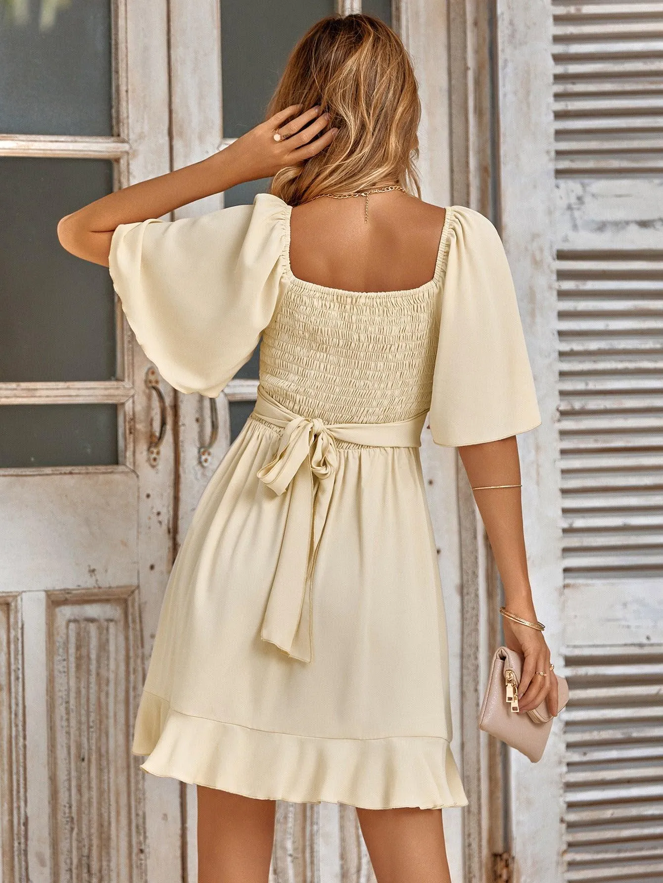 Hazel Blues® |  Smocked Tie Back Ruffle Hem Dress