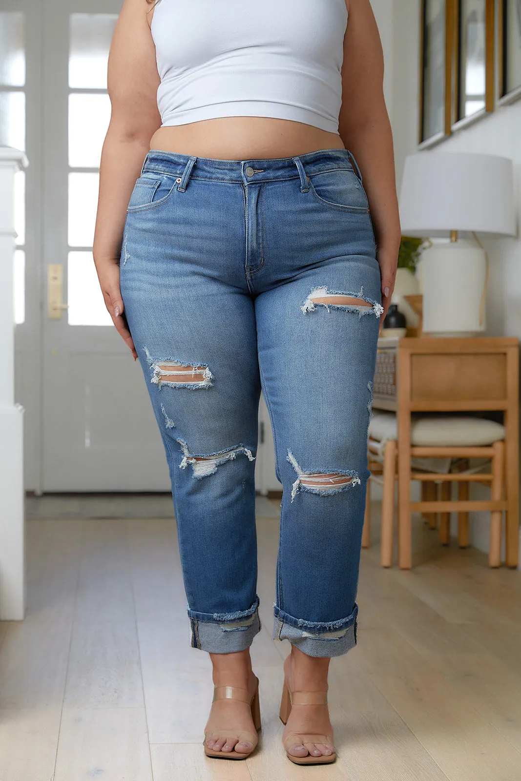 High-Rise Distressed Straight Leg Jeans by Artemis