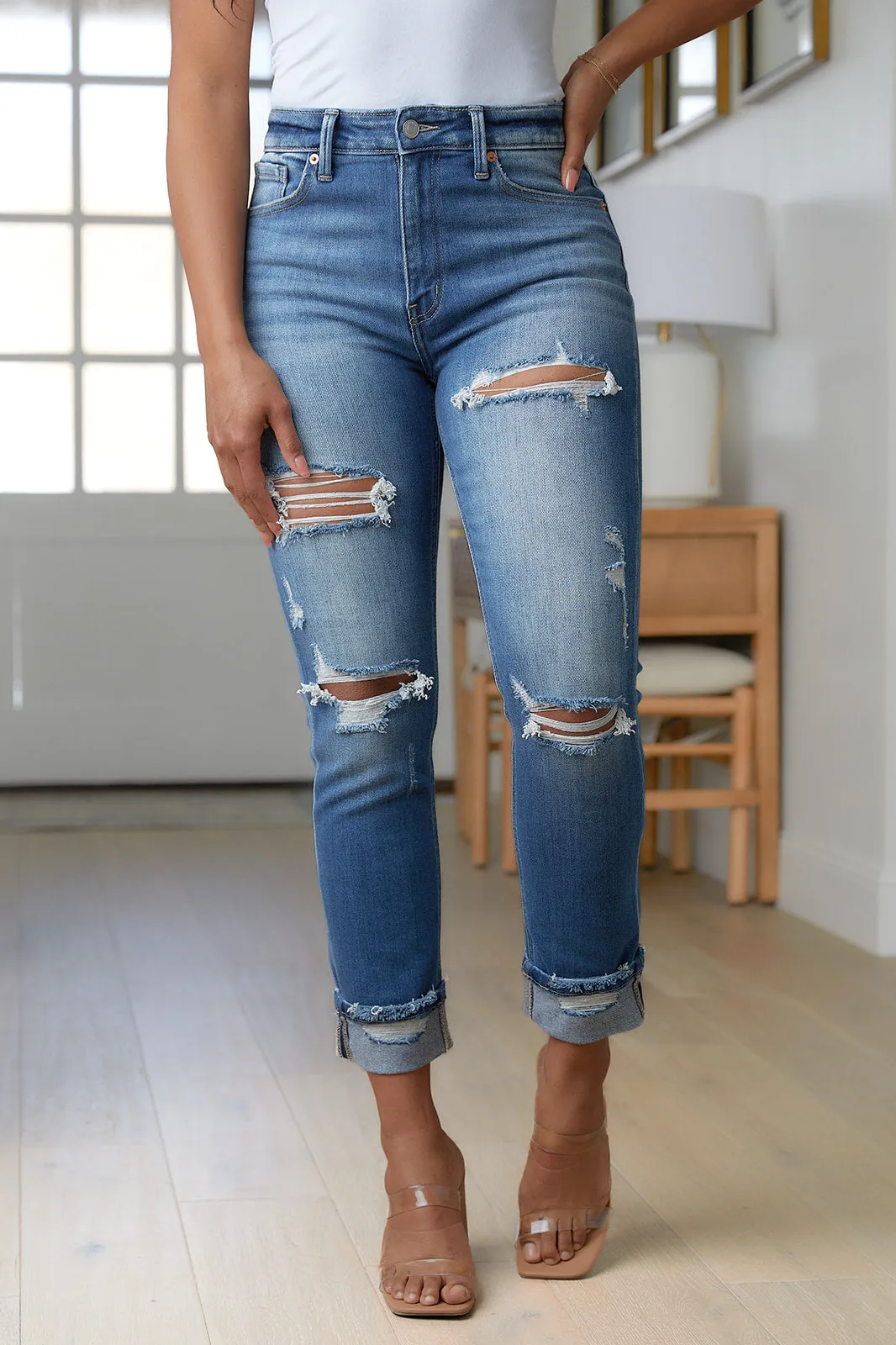 High-Rise Distressed Straight Leg Jeans by Artemis