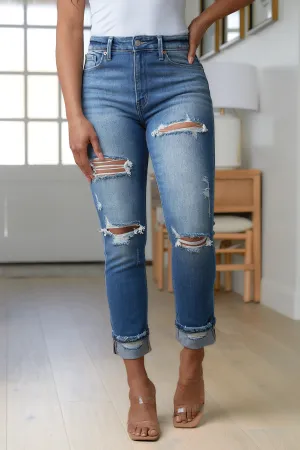 High-Rise Distressed Straight Leg Jeans by Artemis